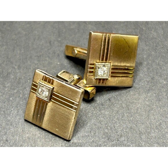 Anson Gold Tone Cubic Zircon Cufflinks Geometric Square Anson Pat Pend - Picture 1 of 9